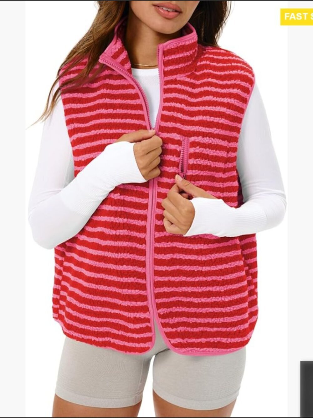 Striped Fleece Vest Cropped Zip Front Boxy Fit Winter Layering Fashion Trendy